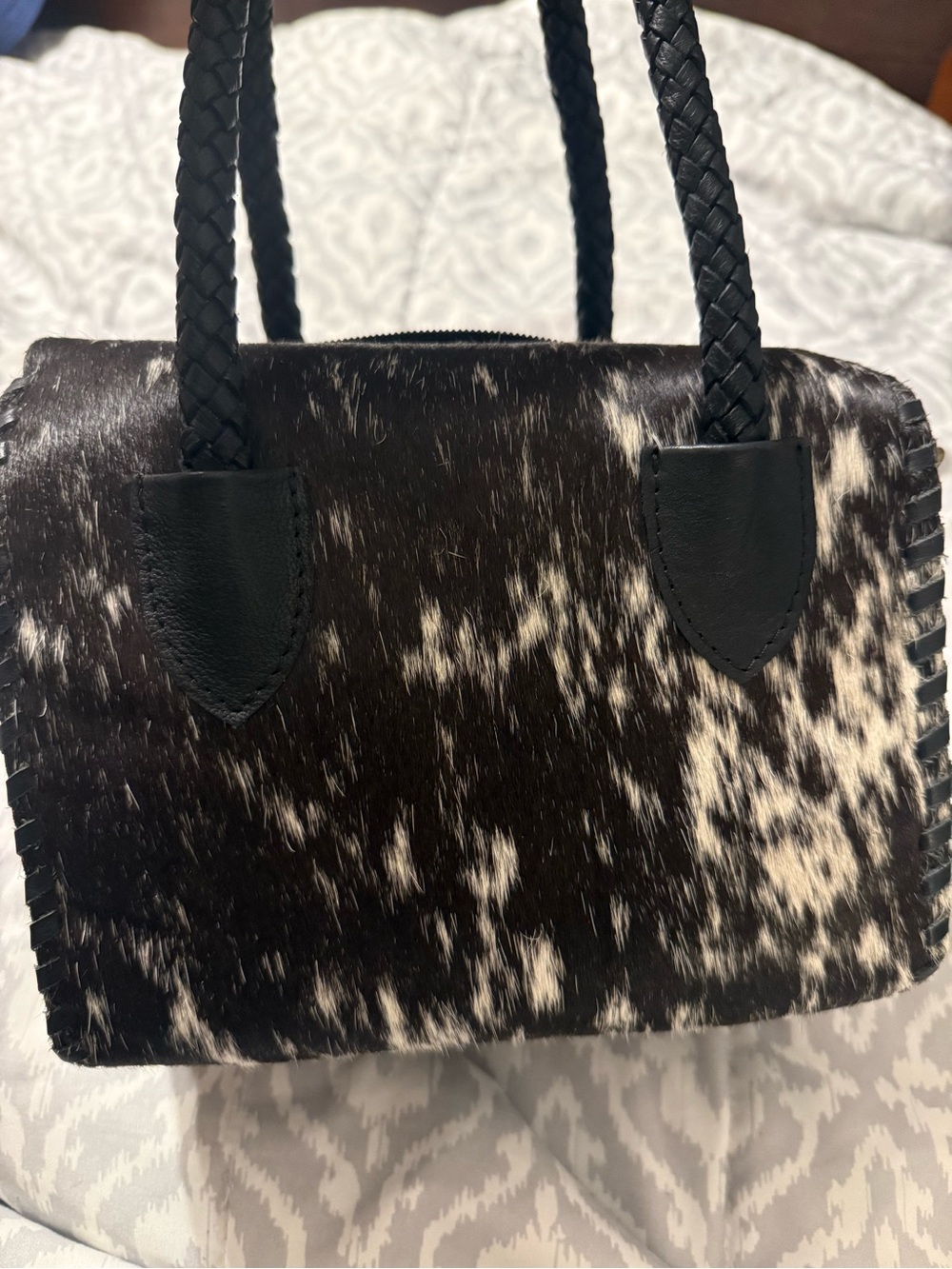 Black & White Cowhide Tote Bag with Braided Handles